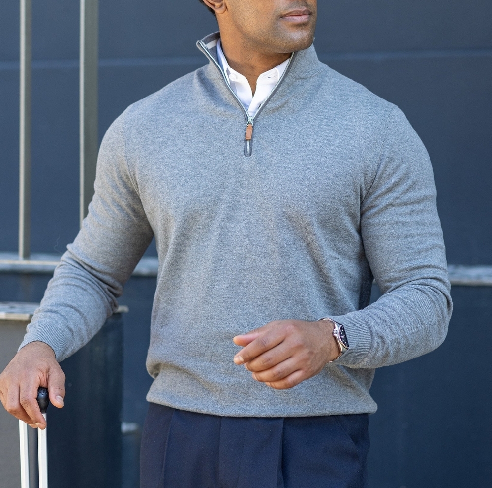 Collars & Co. Men's XL Gray Luxury Touch Cotton Cashmere Quarter Zip Sweater New